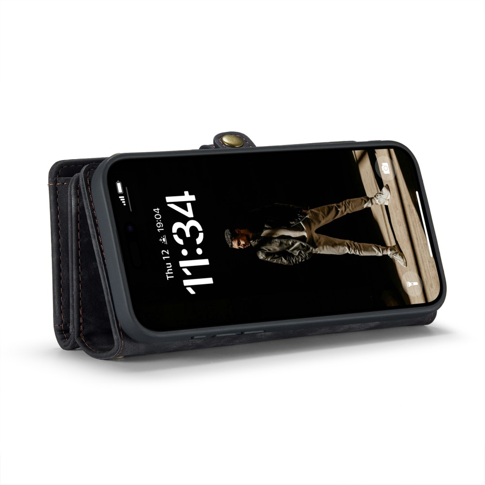 iPhone 16 2in1 Leder Tasche   Magnet Hardcase Karten Etui - Schwarz