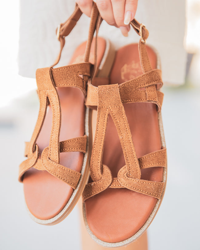 Sandale plate en CUIR Camel - femme - MJNP-81