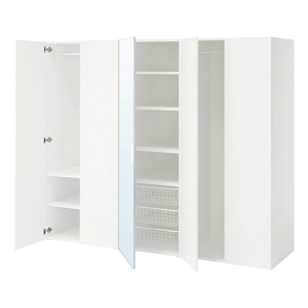 Armoire blanche à trois portes avec miroir et rangements multiples – penderie moderne