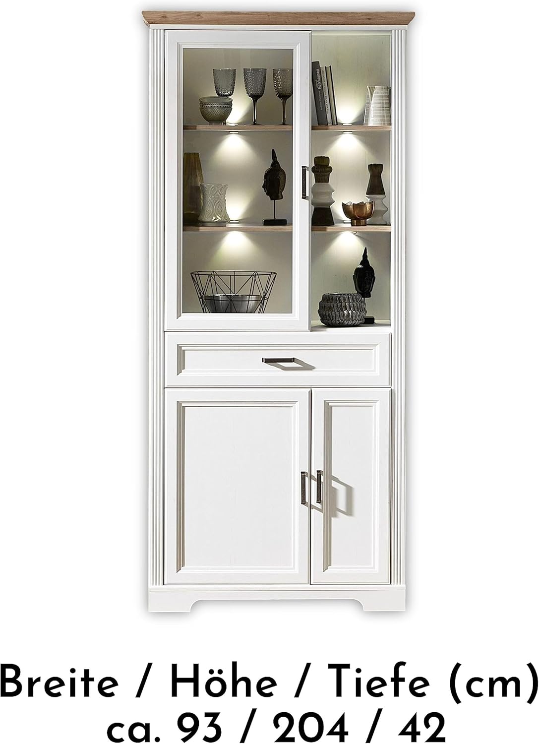 JASMIN Große Vitrine in Pinie hell, Artisan Eiche Optik - Vitrinenschrank mit LED-Beleuchtung und viel Stauraum im Landhausstil - 93 x 204 x 42 cm (B/H/T)