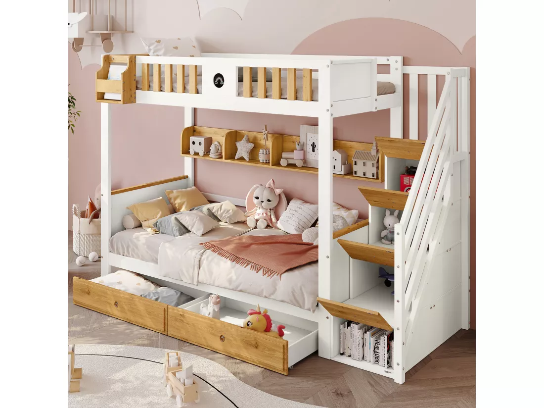 Lit superposé avec escalier de rangement - 90x200cm - 4 casiers dans l'escalier et 2 tiroirs sous le lit - avec sommier à lattes - Blanc