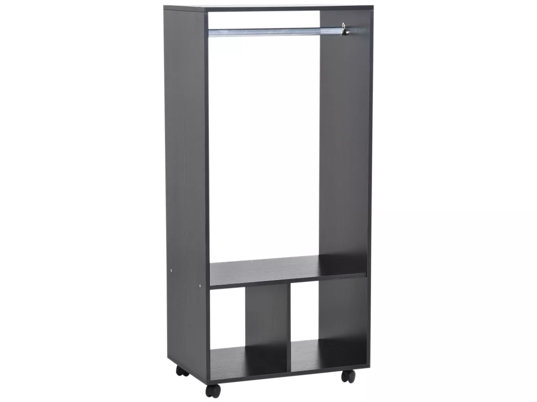 Armoire penderie étagère 2 niches penderie 4 roulettes pivotantes dim. 60L x 40l x 128H cm noir
