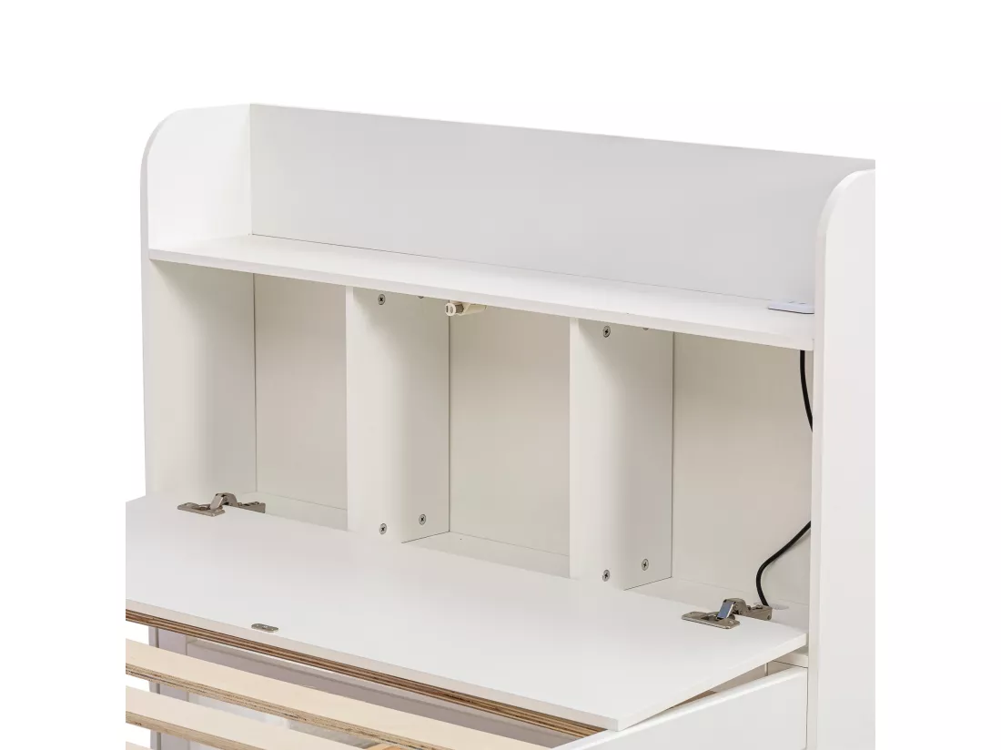 Lit gigogne avec 2 tiroirs - 90 x 190 cm - étagères de rangement et prise USB - bois massif -blanc