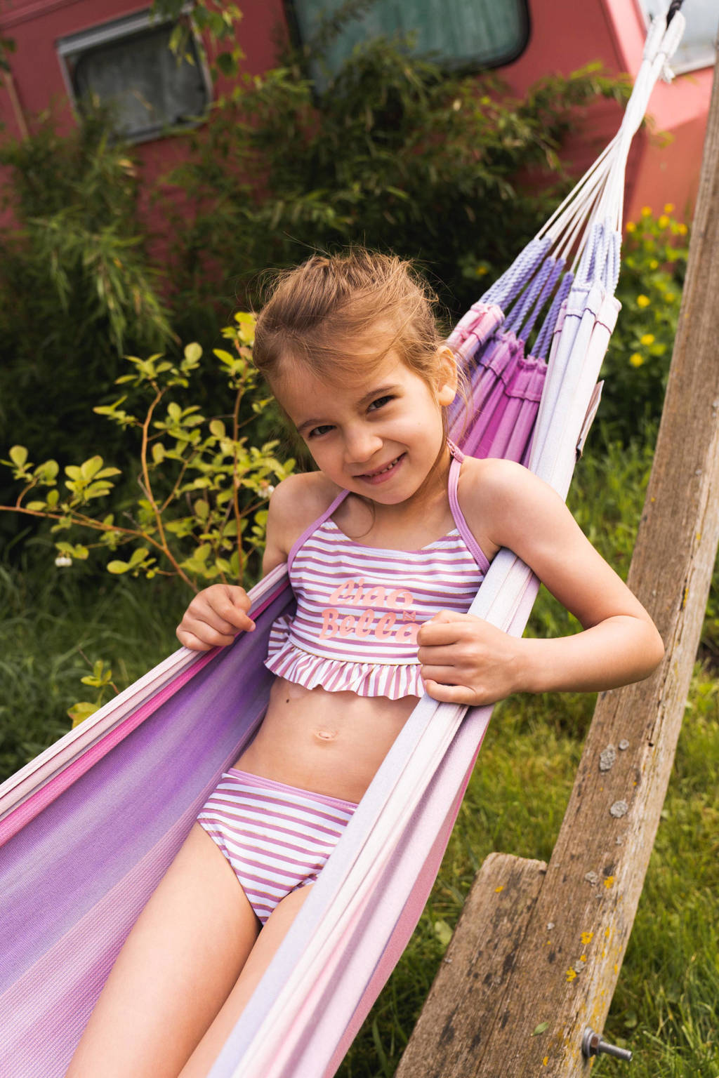 halter bikini met ruches paars/wit