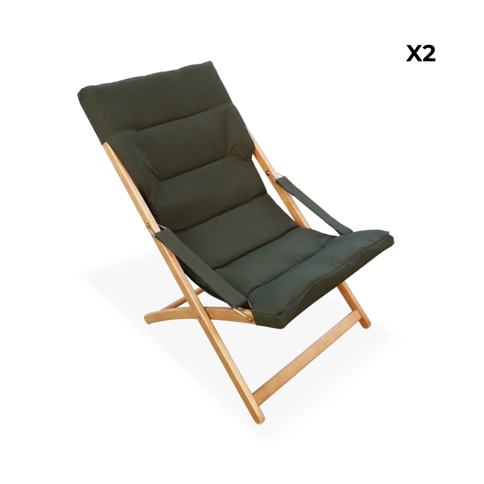 Lot de 2 chiliennes kaki en bois. Pliables. Assise rembourrée