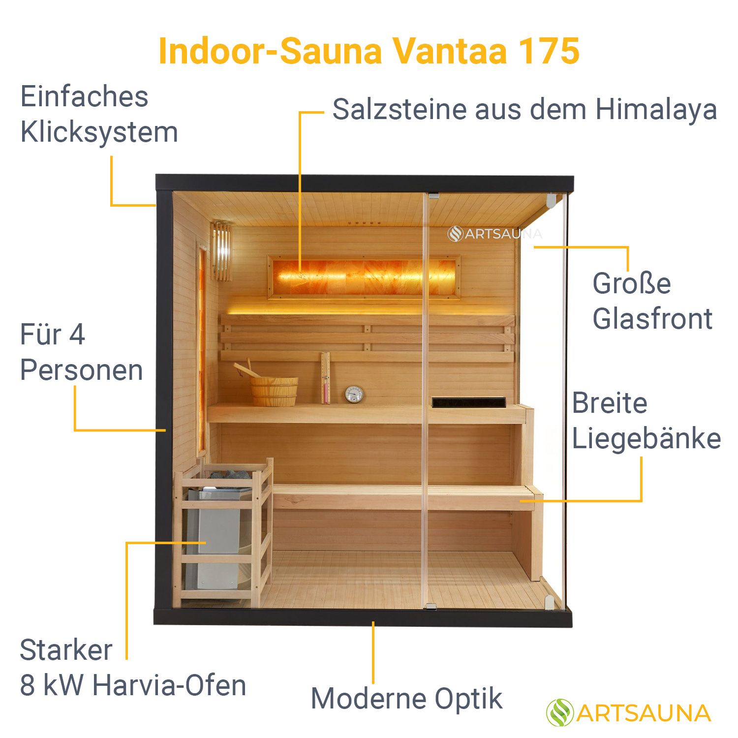 Vorbestellung: Artsauna Saunakabine Vantaa 175 mit Salzstein - Indoor Sauna für 4 Personen, 8 kW Ofen, Glasfront