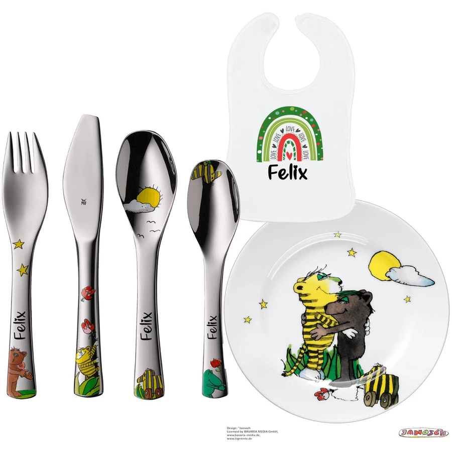 Schnullireich Geschenkset mit Namen Janosch: WMF Kinderbesteck + Kinderteller + Lätzchen Silber