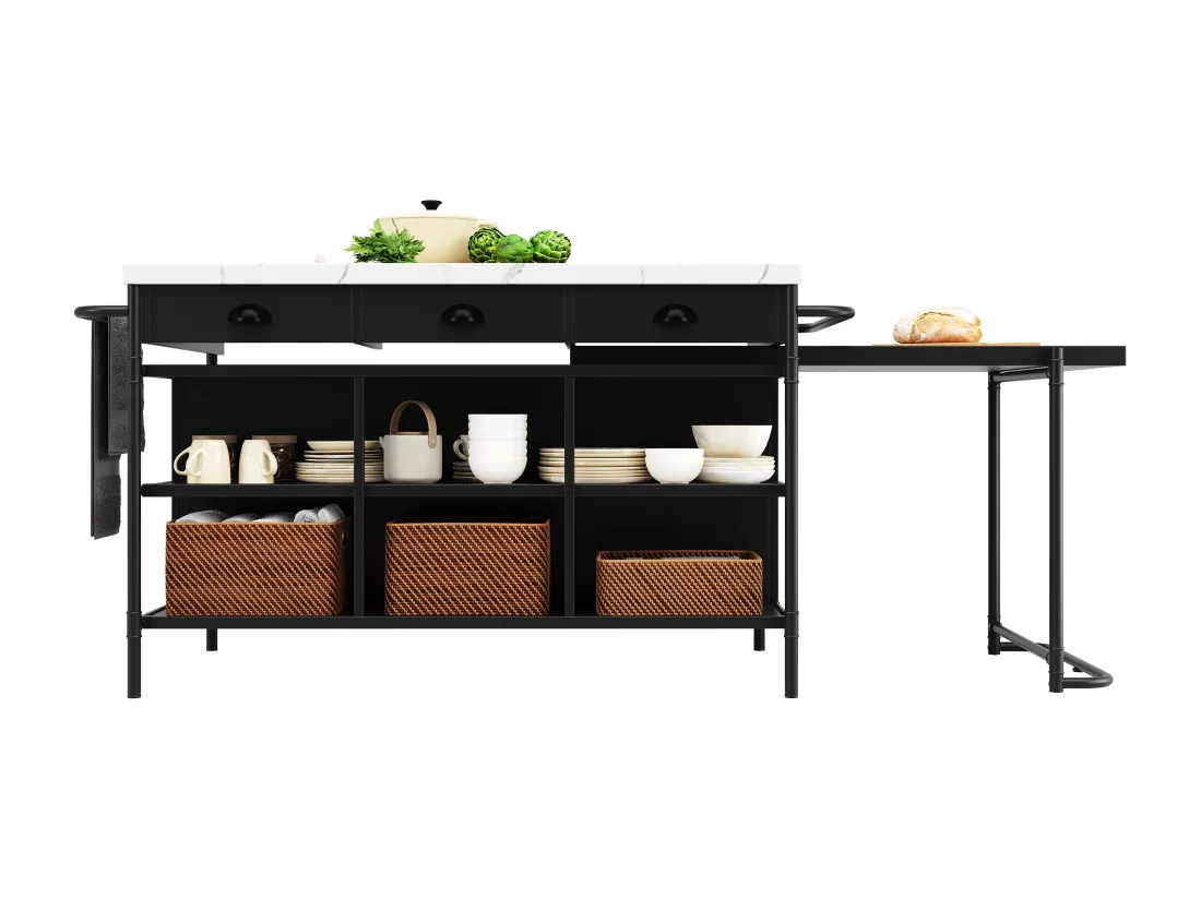 Ilot central de cuisine - avec plateau en marbre artificiel - avec 3 tiroirs - Noir