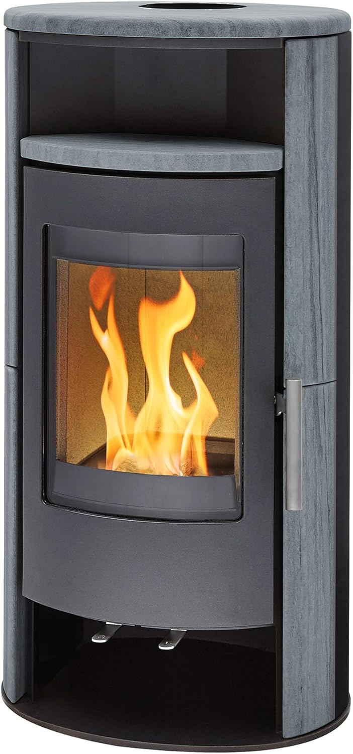 H&M Kaminofen Basic 2.0 gussgrau Naturstein 7kw Holzkamin modern runde Sichtscheibe langlebig Tür und Feuerraumboden aus Guss Speicherverkleidung Mehrfachbelegung