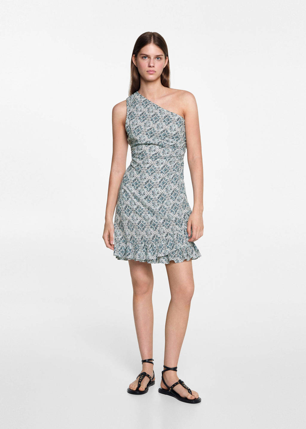 MANGO TEEN jurk met all over print en volant blauwgroen/ecru