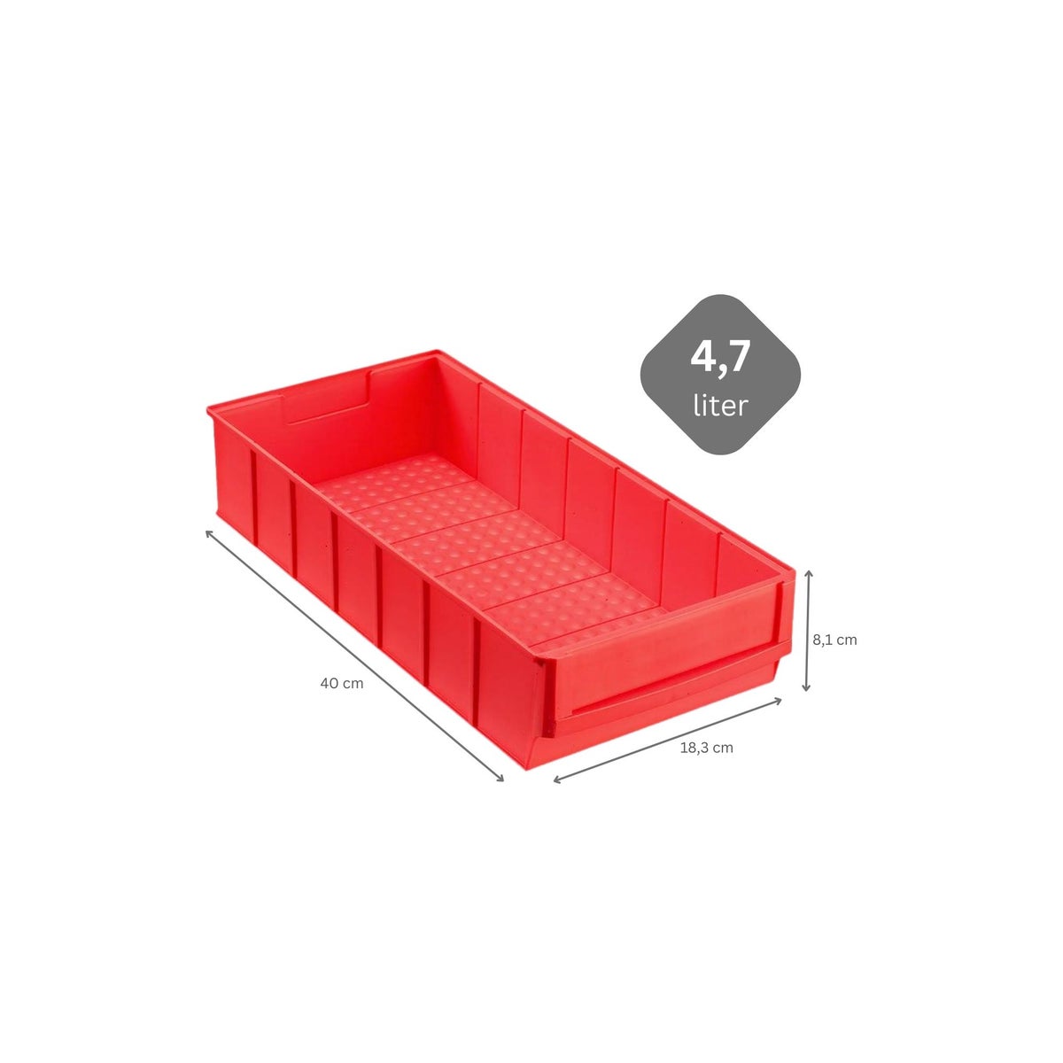 PROREGAL Rode Industriële Box 400 B HxBxD 8,1 x 18,3 x 40 cm 4,7 Liter Opbergdoos Assortimentsdoos Kleine Onderdelendoos