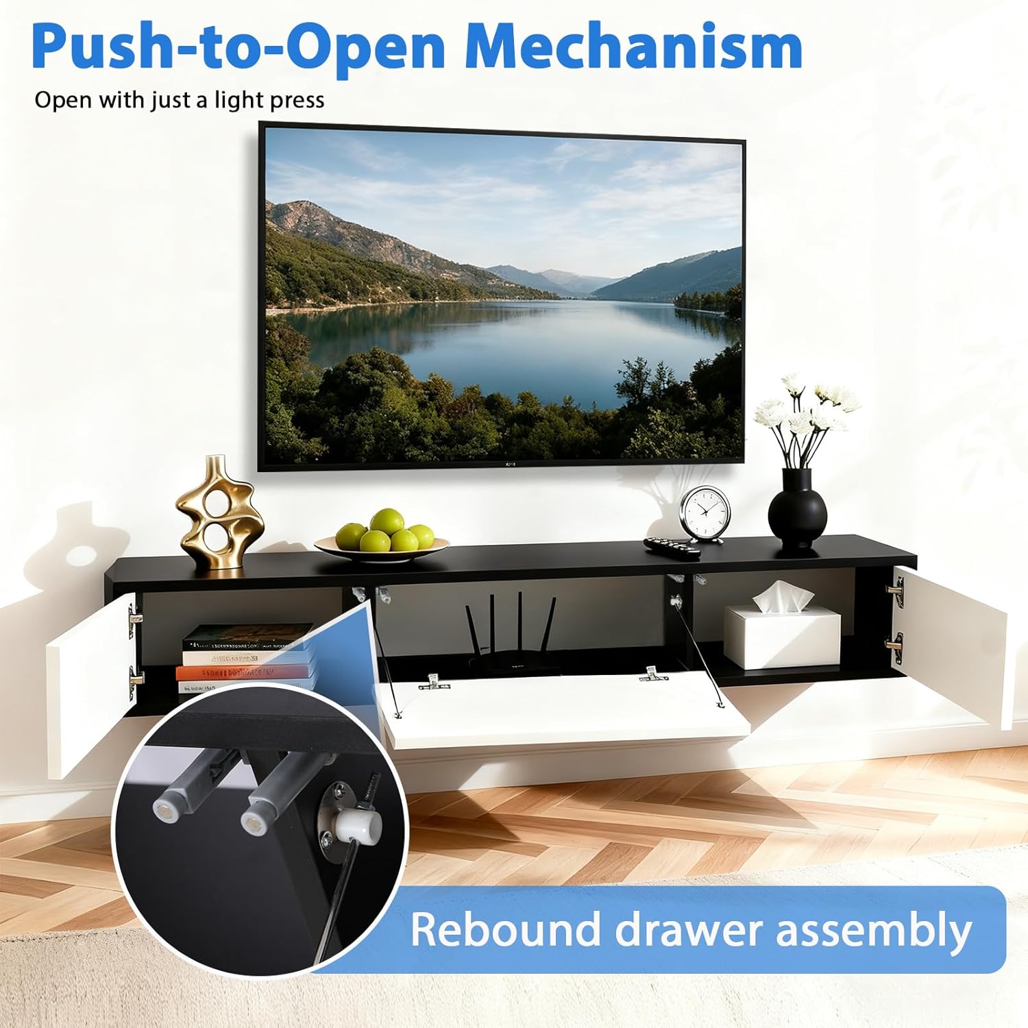 TV Lowboard Hängend 160cm, TV Schrank Hängend mit 3 Stauraum, Fernsehschrank Holz, Grifflose Design, Viel Stauraum, Schwebender TV Cabinet für Wohnzimmer und Schlafzimmer