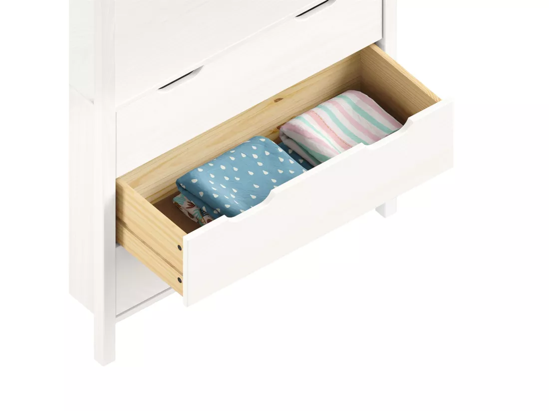 Commode enfant AMIRA H 152 cm en bois massif blanc type Montessori avec 3 tiroirs et 1 tringle meuble de rangement