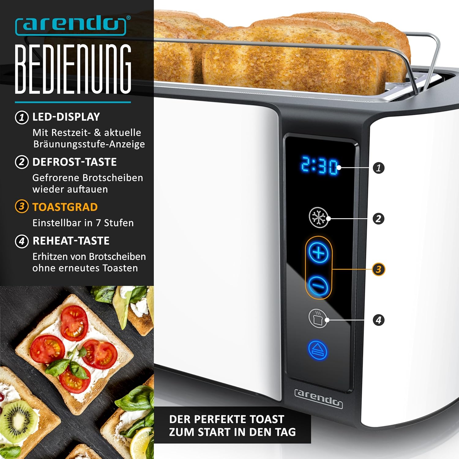 Arendo - Wasserkocher Toaster SET - Edelstahl - Wasserkocher mit Temrpatureinstellung - 45-100 Grad - Warmhaltefunktion - Toaster 4 Scheiben mit Touch Display - mit Brötchaufsatz - Weiß Matt