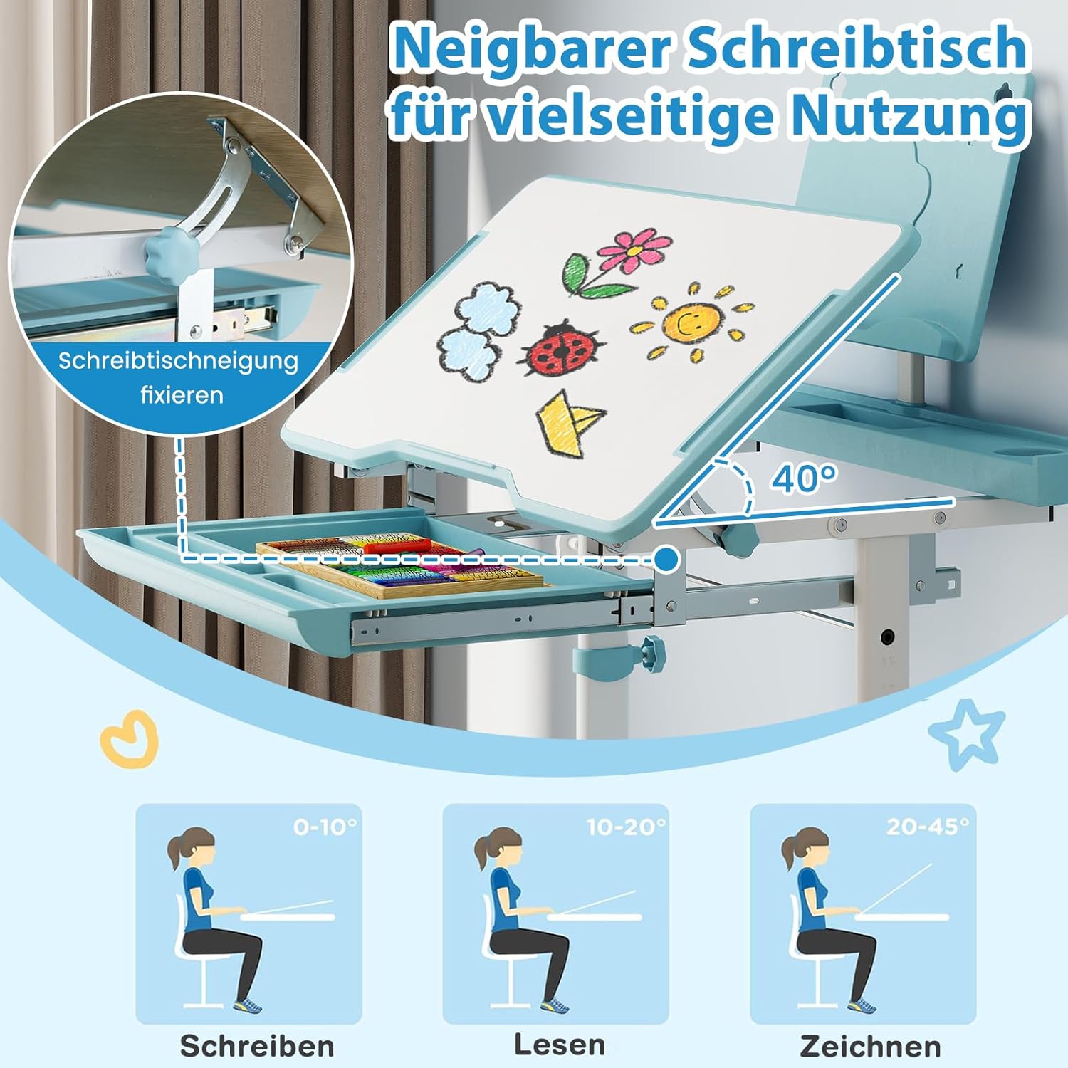 DREAMADE Kinderschreibtisch mit Stuhl, höhenverstellbar Schreibtisch mit neigbarer Tischplatte, Jugendschreibtisch mit Schublade & Buchhalter, Schülerschreibtisch Set für Kinder ab 3 Jahren (Blau)