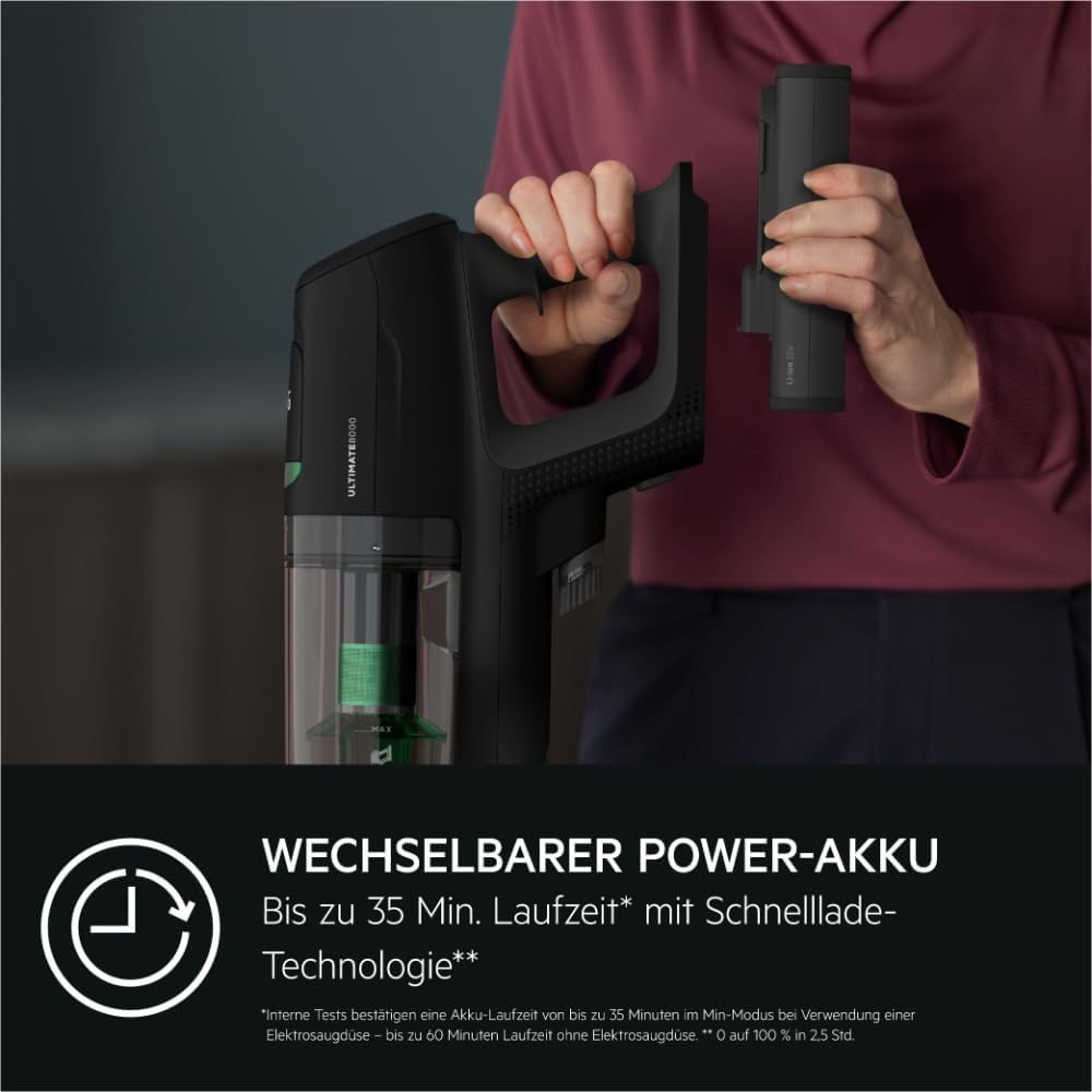 AEG ULTIMATE 8000 ÖKO AP81B25ÖKO Akku-Staubsauger / Automatik / 5-Stufen Filtration / digitale Anzeige / Multi-Bodendüse / 65% Recyclingmaterial / 3 Stufen / Akku wechselbar / 400ml / schwarz