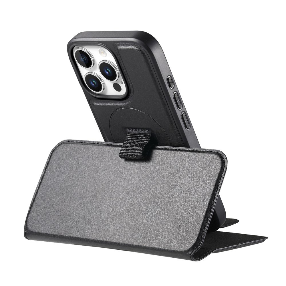 iPhone 16 Pro Max MagSafe Leder Case Schutzhülle mit Finger Griff Halterung   Abnehmbare Tasche inkl. Kartenfächer (RFID Schutz) - Schwarz
