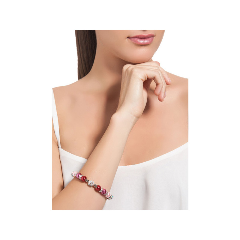 Bracelet 1 Rang en Perles Roses, Cristal et Plaqué Rhodium