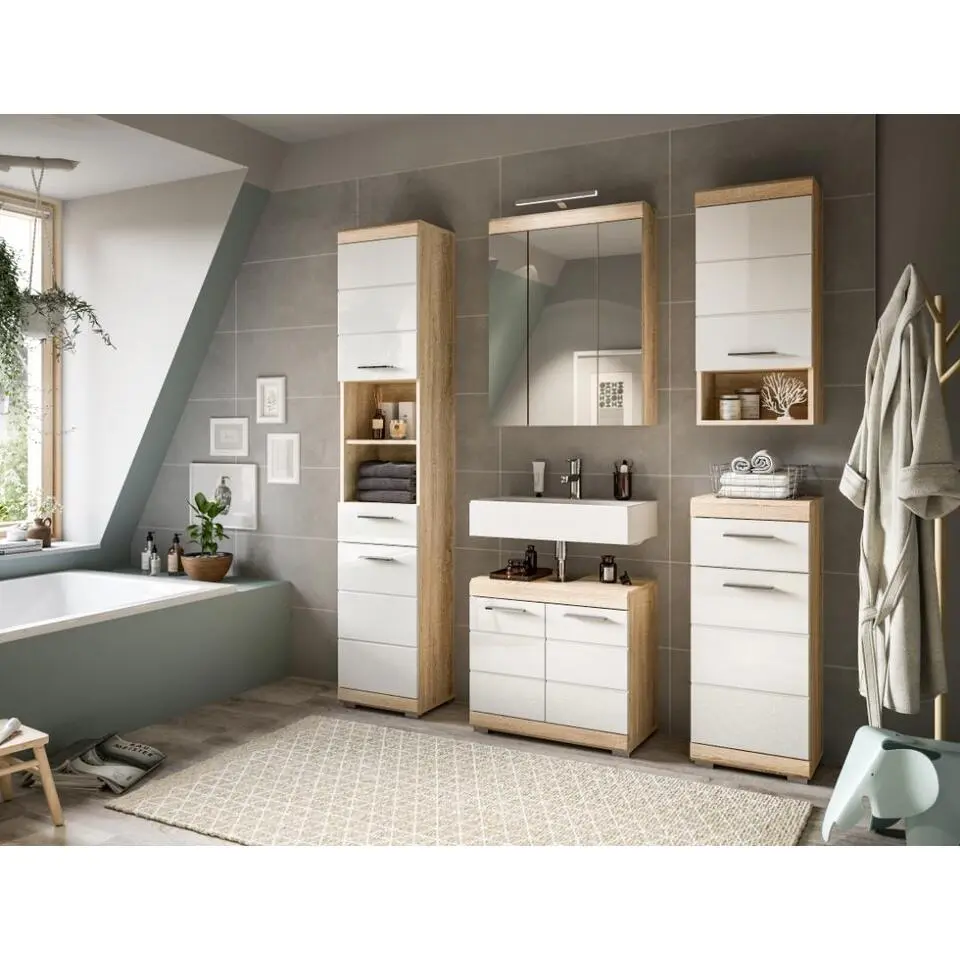 Hioshop Lambada wastafel 2 deuren wit hoogglans- eiken decor