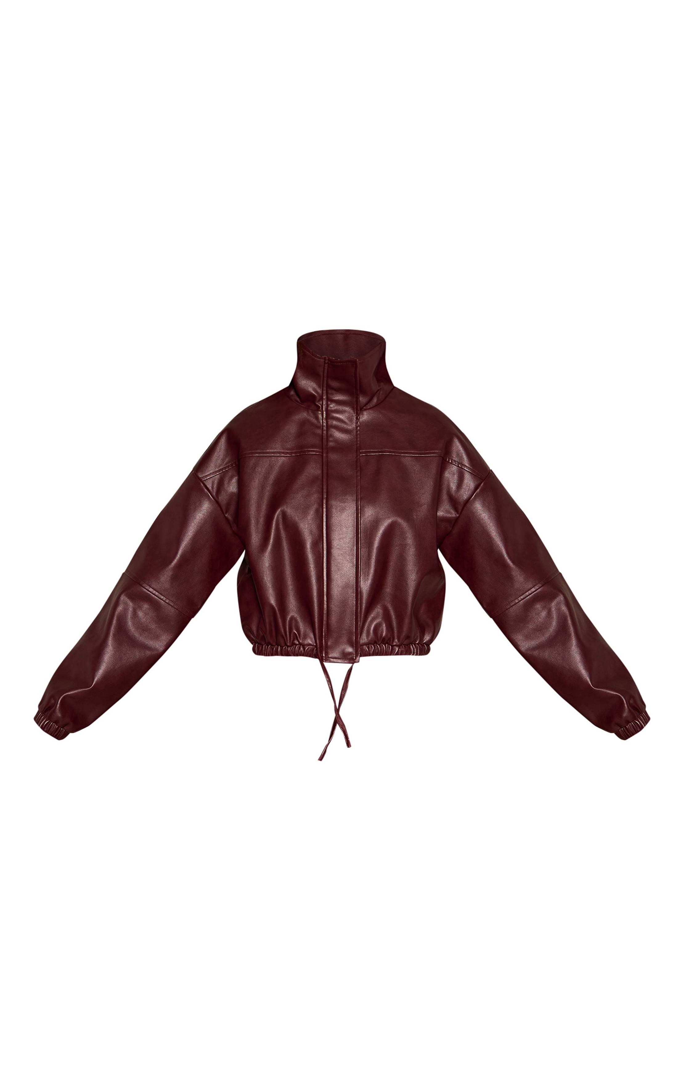 Rouge Bordeaux Veste Col Montant En Synthétiquecuir À Ourlet Bouffant