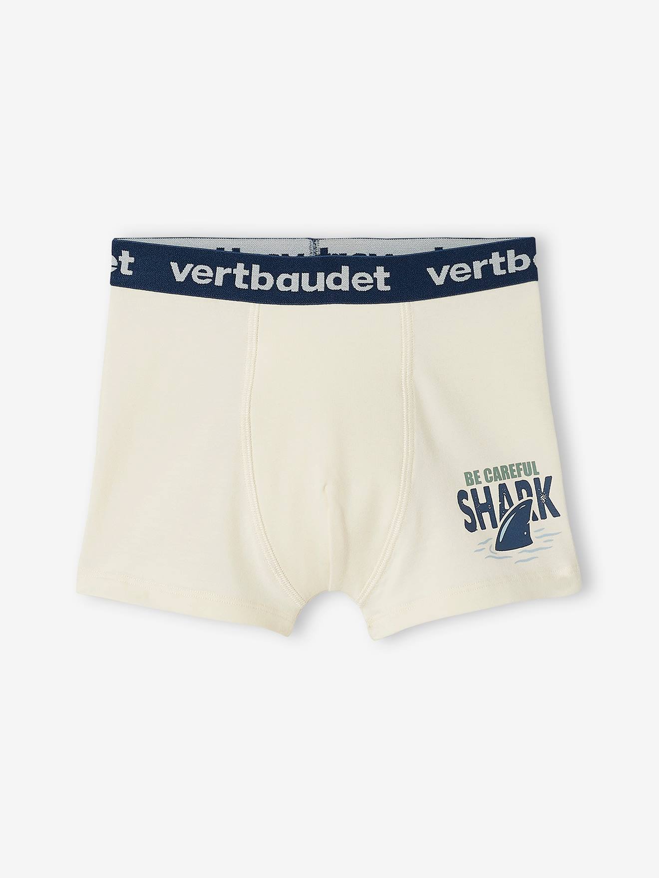 Lote de 5 cuecas boxer elásticas, modelo Sharks, para menino, lisas, azul médio com estampas.