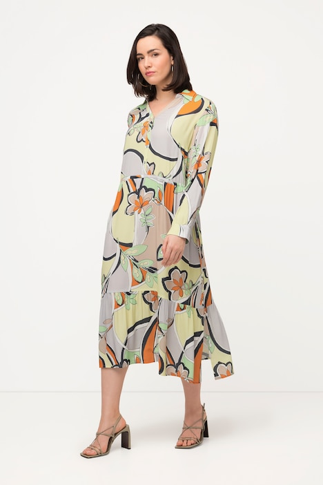 Kleid, grafisches Muster, Hemdkragen, Langarm