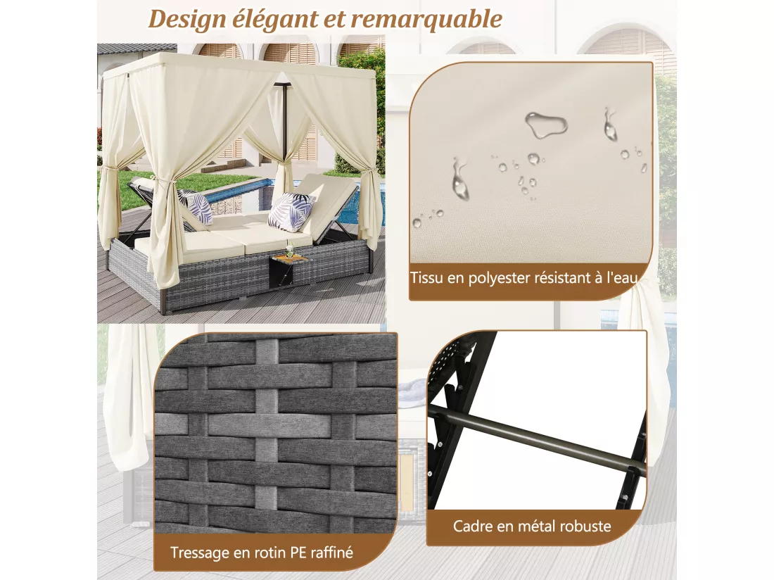Chaise longue de jardin lit double - avec rideau d'ombrage - chaise longue en rotin - avec coussin et table pliante - gris