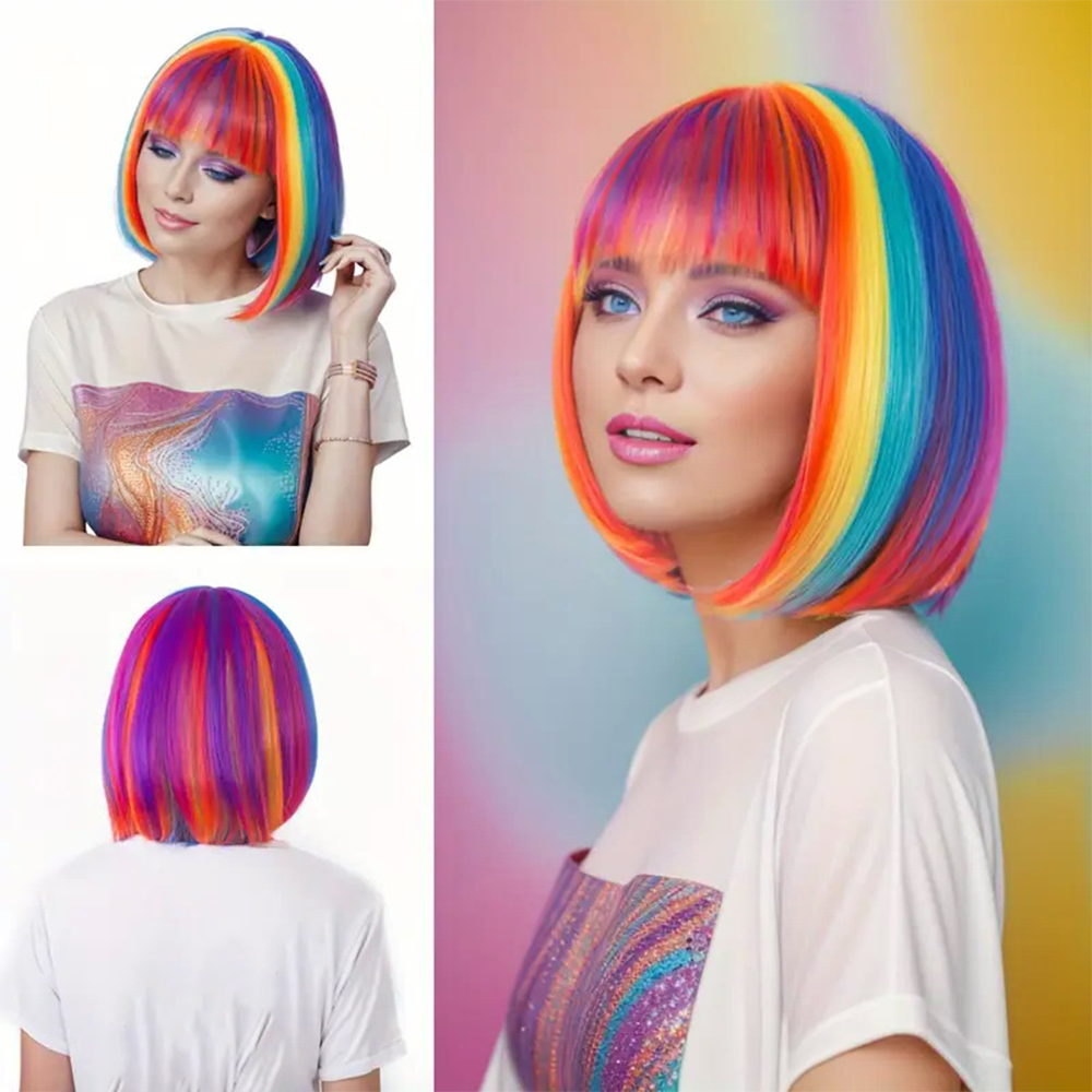 (31cm) Long Bob Perücke mit Pony Regenbogen Fasnacht Kostüm Zubehör Motto Party / Halloween Accessoire - Bunt