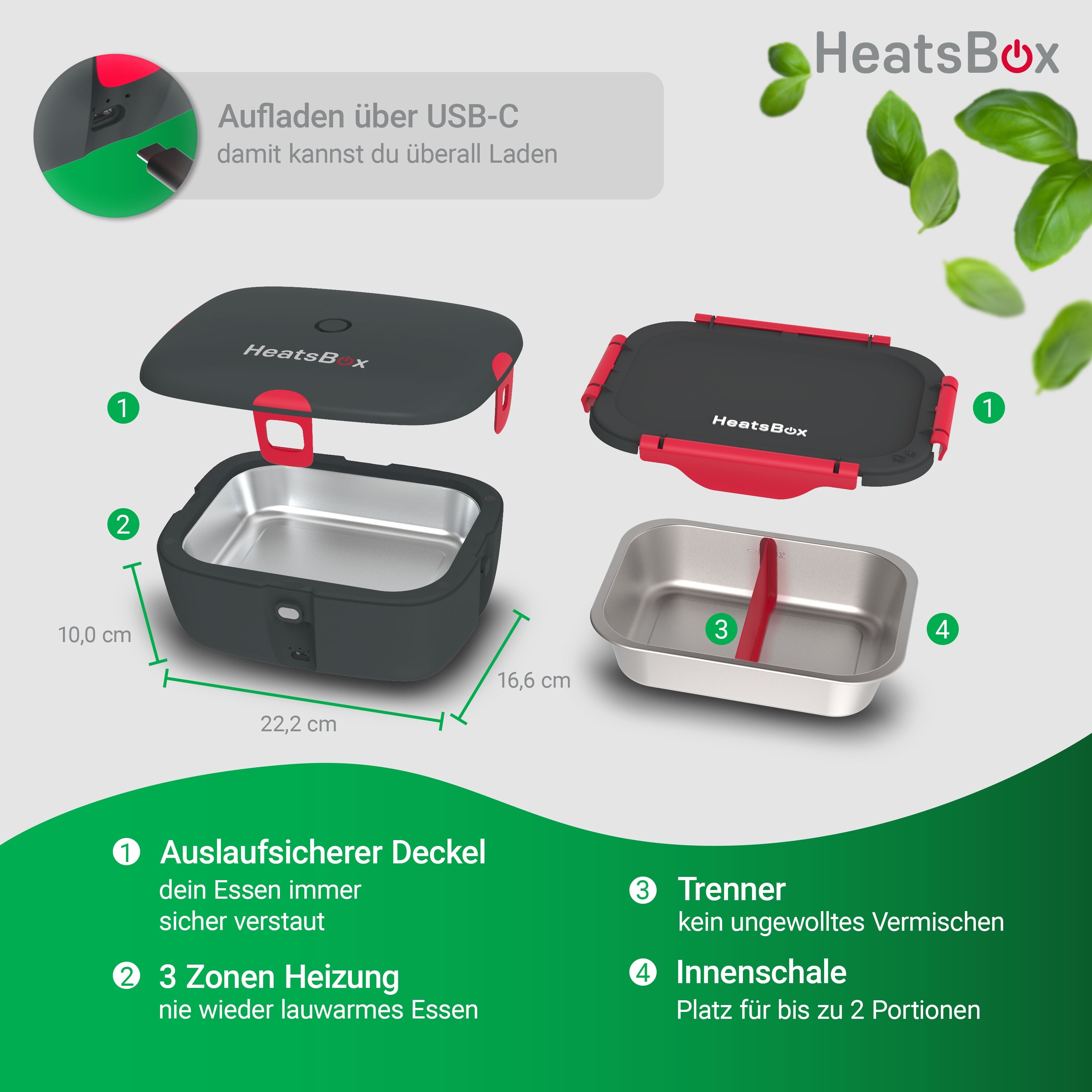 HeatsBox smarte Elektrische Lunchbox, Akku, App-Steuerung, 100W, 925ml