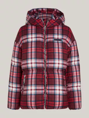 Jaqueta puffer New York com estampa xadrez tartan reciclada