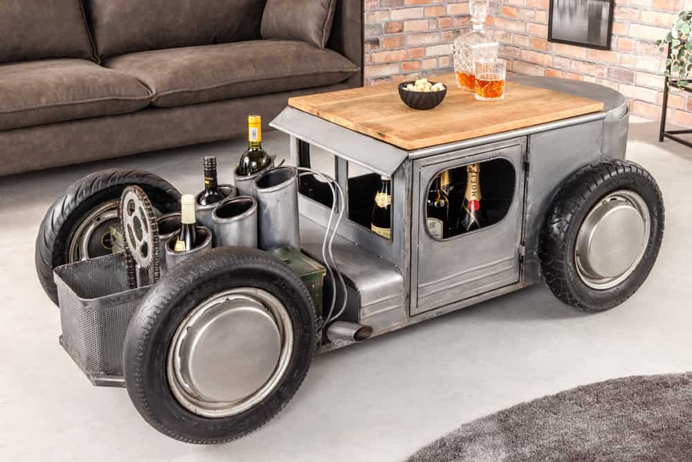 Oldtimer Couchtisch HOT ROD 160cm Stahl Mangoholz mit Stauraum Flaschenhalter massiv