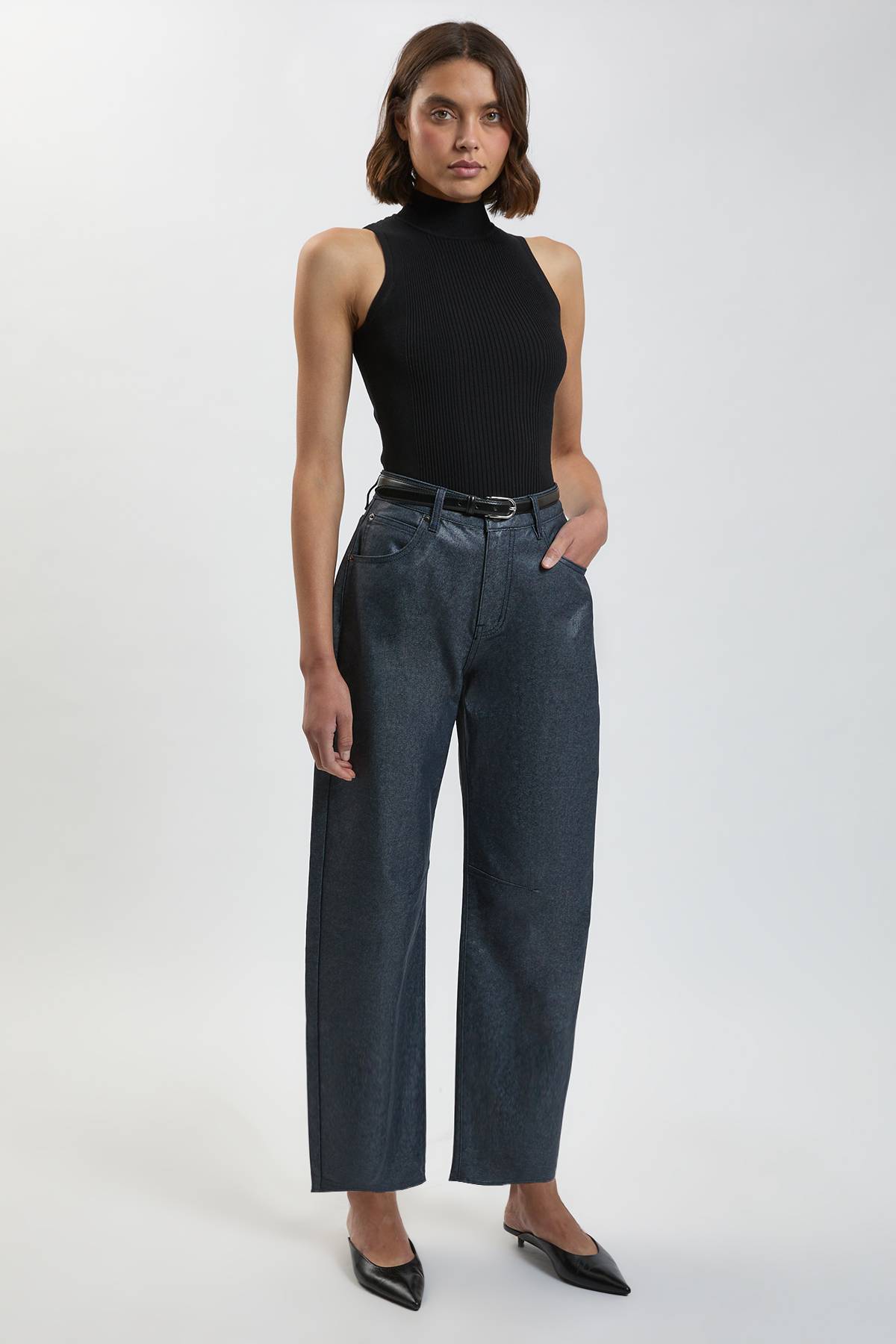 KarenMillen Jean Barrel En Denim Enduit Métallisé