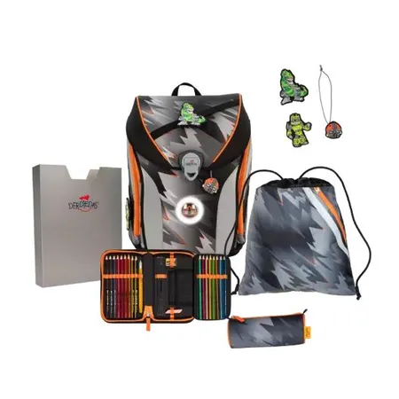 DerDieDas Schulranzen-Set ErgoFlex MAX Exklusiv LED Cyber Dino, 5-teilig