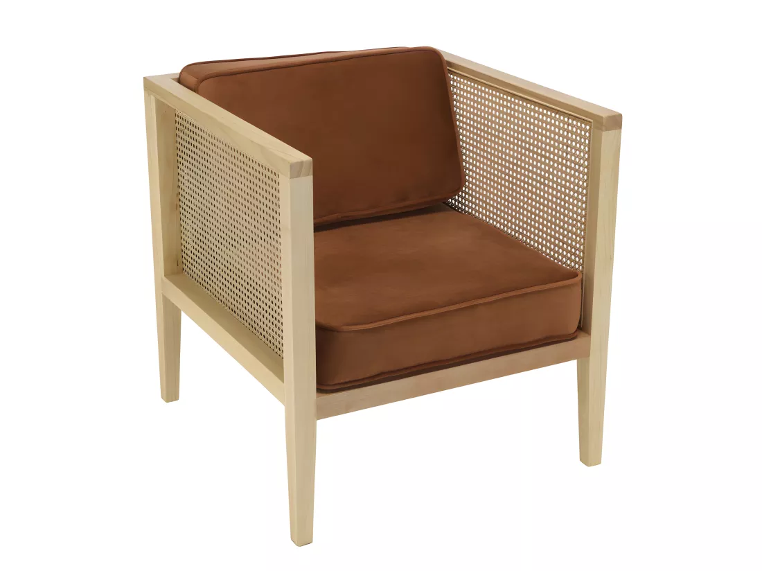 ALBANE - Fauteuil cannage assise amovible velours orange