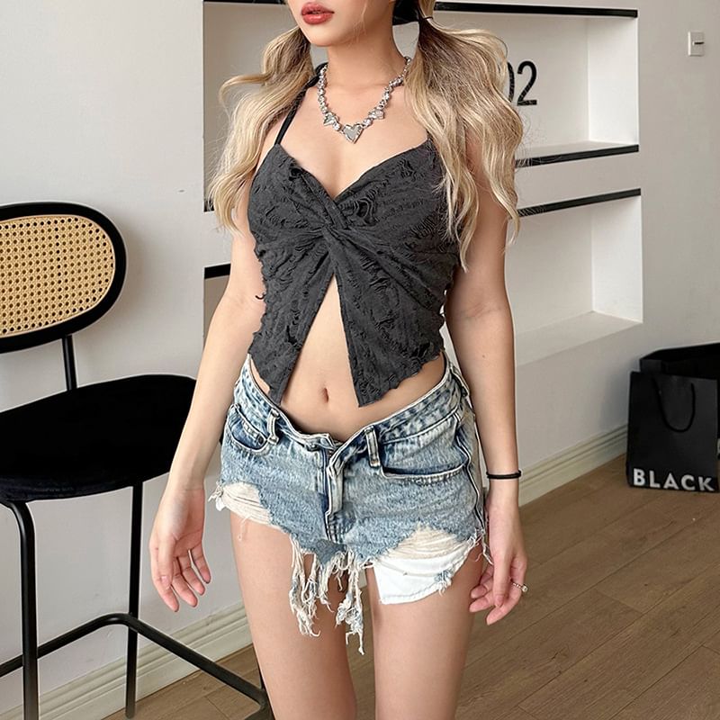 Sosana - Gedraaide crop top met open rug en halternek