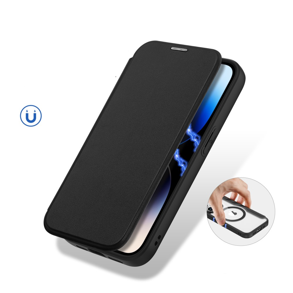 iPhone 15 Pro MagSafe Hybrid Leder Tasche   Kunststoff Rückseite - Schwarz / Transparent