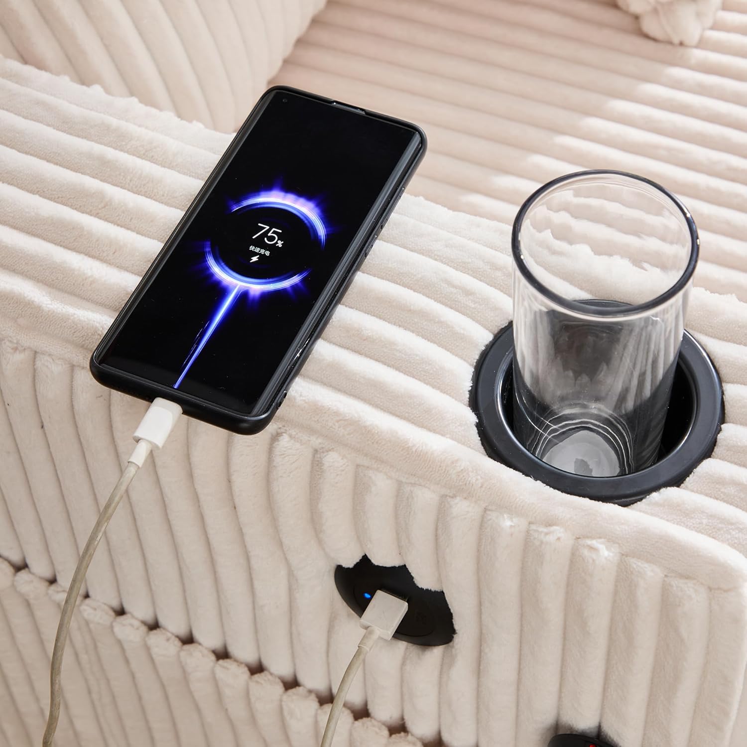 Chaiselongue Schlafsofa 2-Sitzer, Sofa mit LED & USB-C-Port & 2 Kissen & Getränkehaltern, Bettsofa, Für Wohnzimmer & Schlafzimmer, Beige