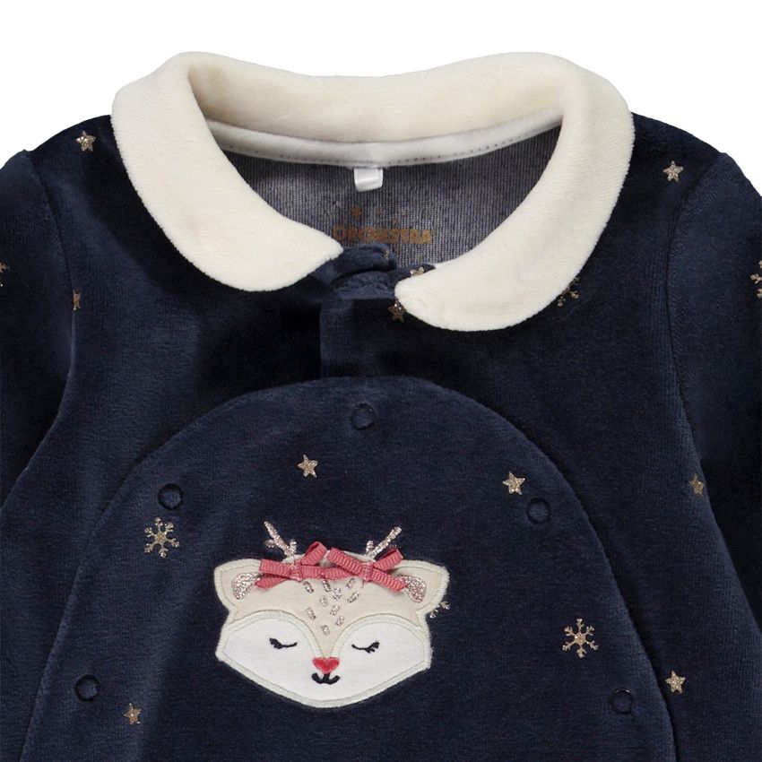 Dors-bien en velours imprimé flocons pour bébé fille avec ouvertures différentes selon l'âge - Bleu marine
