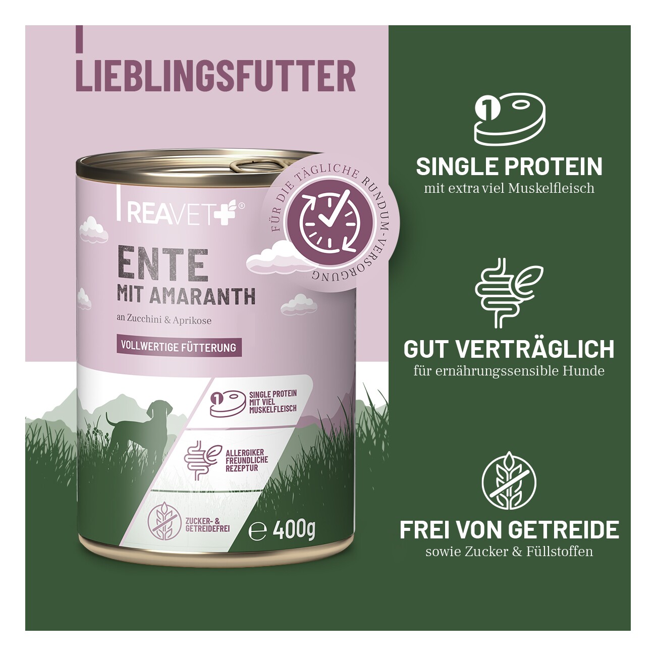 REAVET Hundenassfutter - Ente mit Amaranth an Zucchini & Aprikose 6x400 g