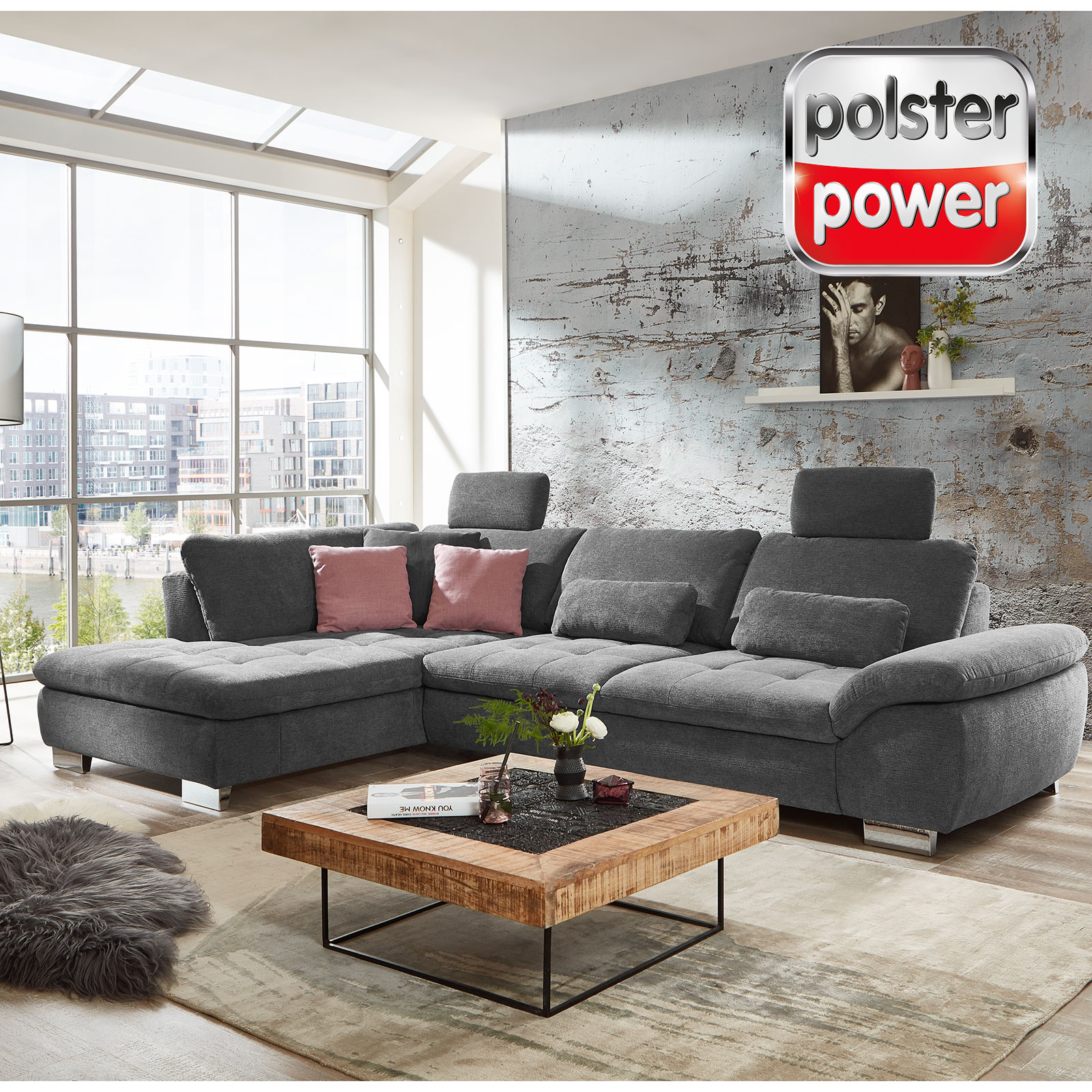 polsterpower Ecksofa - slate - Basismodell - Anstellhocker links