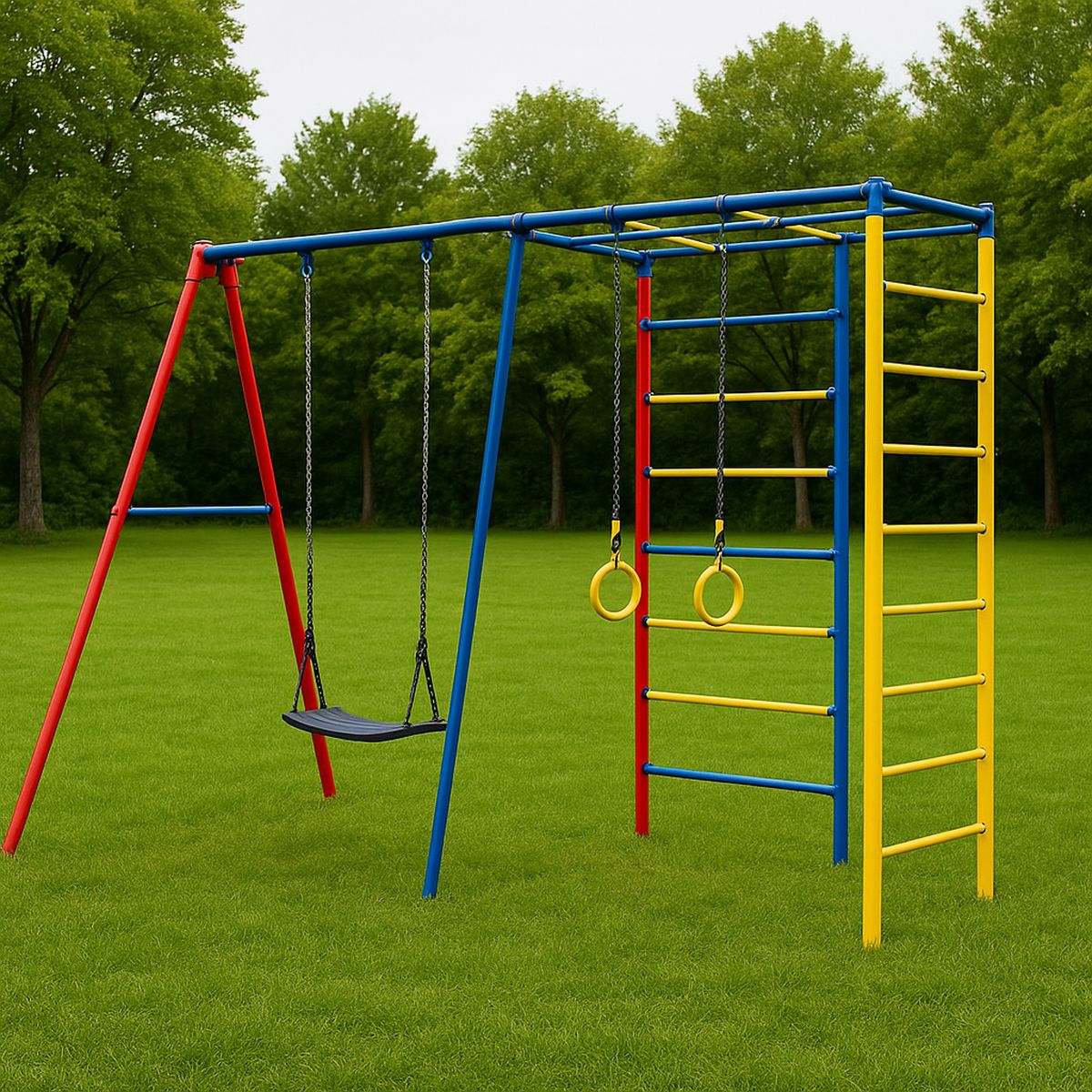 Kinderspielset mit Schaukel, Klettergerüst und Turnringen, Stahl pulverbeschichtet, Blau/Rot/Gelb, 200x250x150 cm