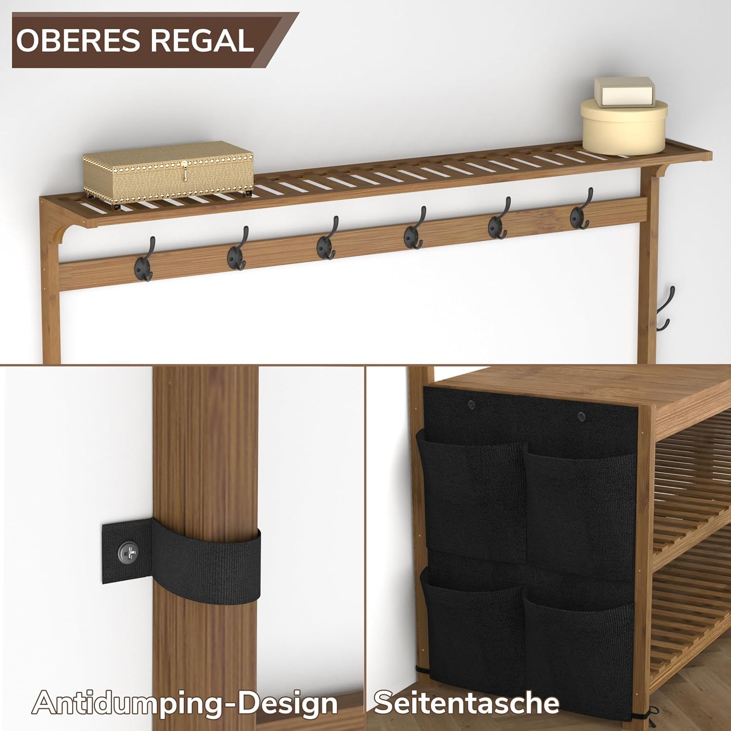 AMBIRD Garderobe aus Bambus Flurbaum mit Schuhbank und Regalen 6-in-1 Garderoben-Ständer mit Aufbewahrungstaschen und 14 Haken | Großformatige Maße in Braun, 119x40x180 cm