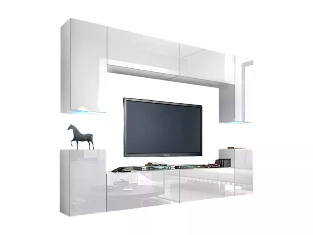 Ensemble de meubles de salon blanc suspendus collection CEPTO I 240cm, 8 portes, 6 étagères, leds.