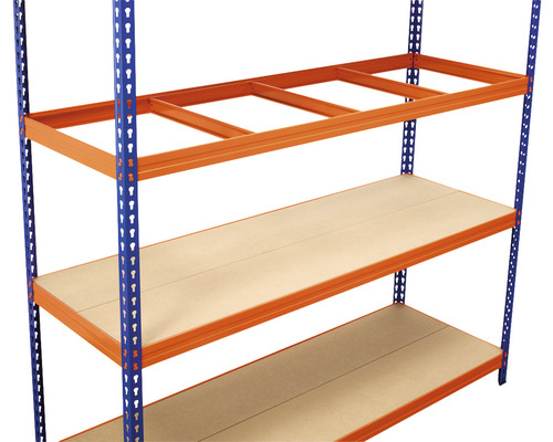 Robus 400 heavy-duty stellingkast, blauw/oranje, 180x180x60 cm, 4 houten planken, draagvermogen 1600 kg