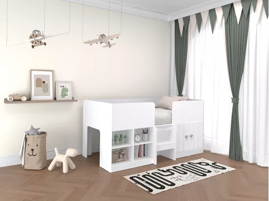 Lit mi-hauteur 90 x 190 cm avec rangements - Coloris : Blanc + Matelas - BOUTANIO