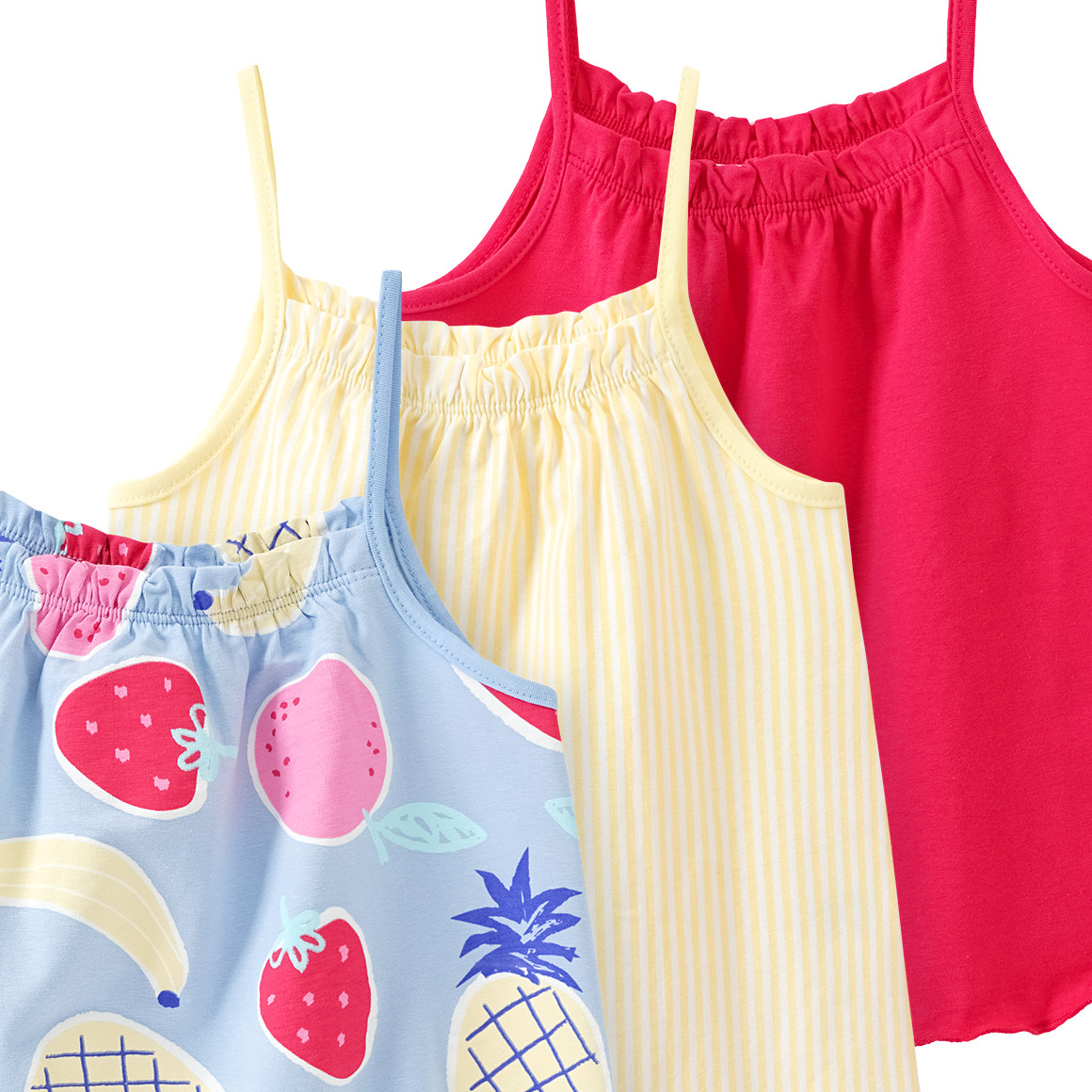 Famy 3 Mädchen Tops mit bunten Motiven hellblau / rot / hellgelb