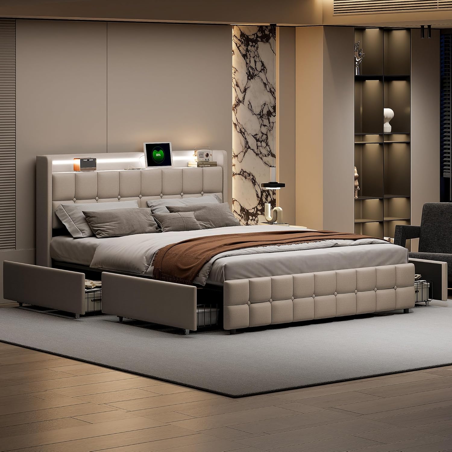 Doppelbett 180x200,Stauraumbett,Betten mit LED-Beleuchtung und 4 Schubladen, Polsterbett mit Stauraum, Jugendbett mit Aufladen USB Ladefunktion Kopfteil,Lattenrost aus Holz (Beige)