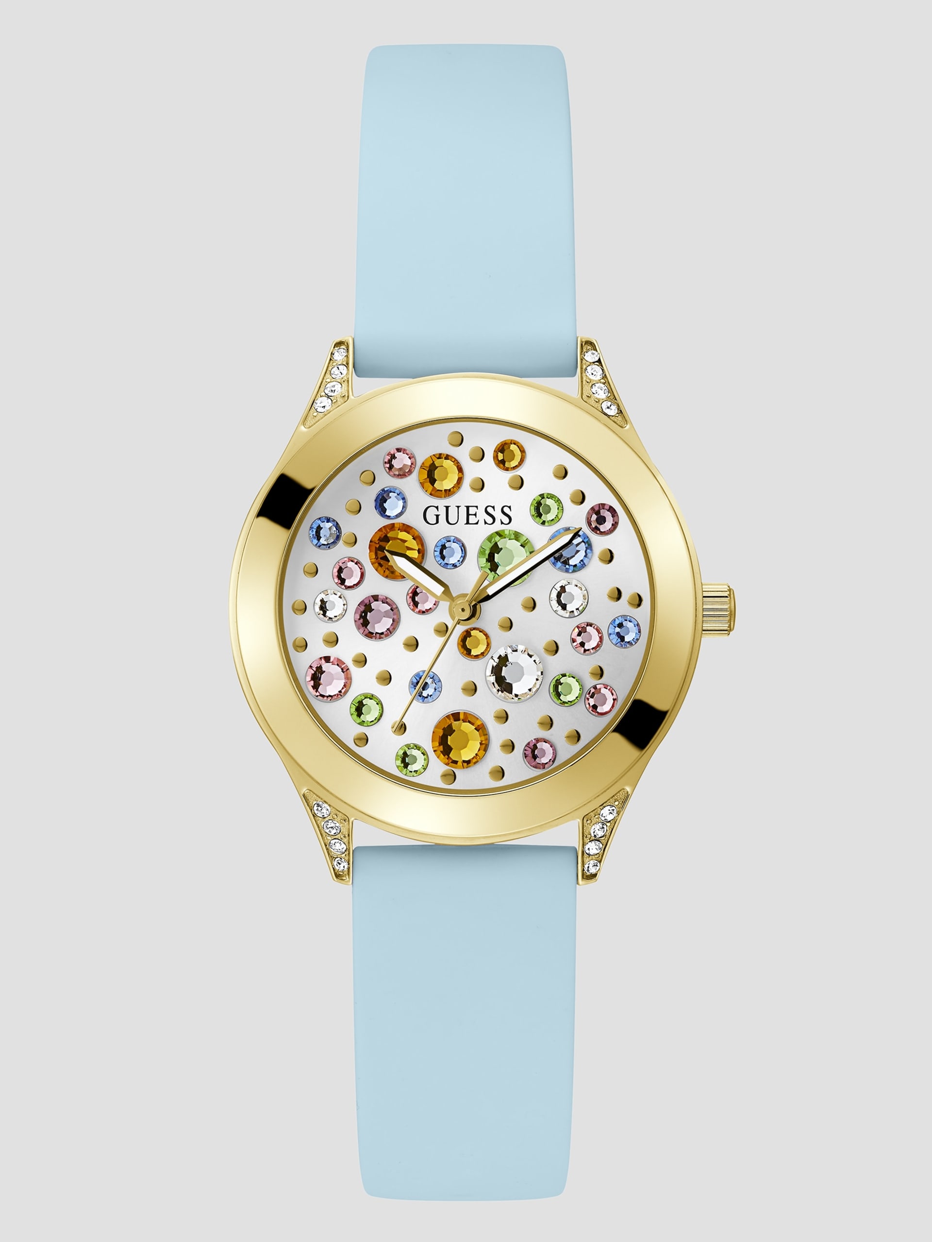 Relógio analógico dourado com cristais multicoloridos