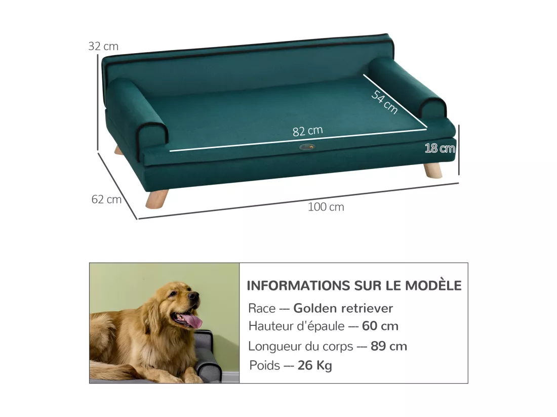 Canapé chien lit pour chien design scandinave coussin moelleux piètement bois dim. 100L x 62l x 32H cm polyester bleu canard