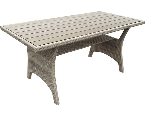 Tuinset voor 6 personen, bestaande uit: 2 banken, 1 hoekmodule, fauteuil, 2 krukken, tafel. Polyrotan, aluminium, grijs.